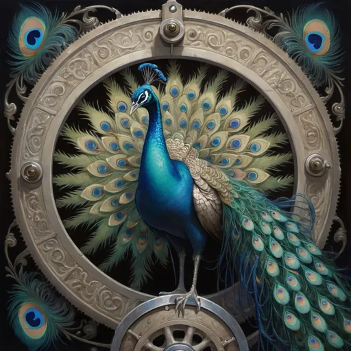 Prompt: a painting of a peacock with blue eyes and feathers on it's back, with a wheel in the foreground, Daniel Merriam, fantasy art, dark fantasy art, a detailed painting