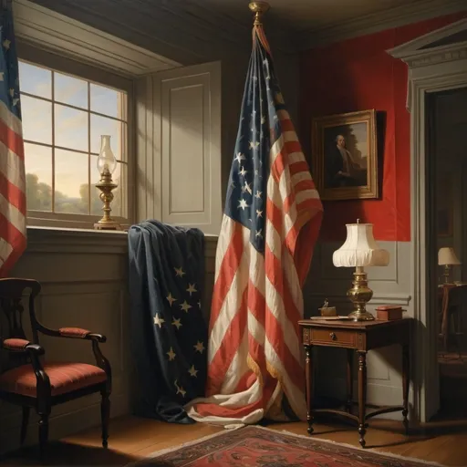 Prompt: a large american flag draped in a room with a window and a lamp on the side of the room, Benjamin West, american scene painting, highly detailed oil painting, a fine art painting