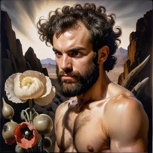 Prompt: A Seven Wonders Art Glass Studio portrait oil painting of a man with a beard in middle of Mojave Desert peak Poppy bloom season. Honoring Nuit