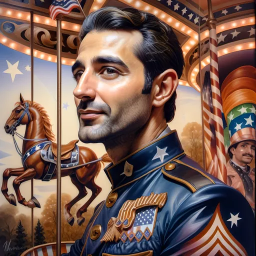 Prompt: (A Seven Wonders Art Glass Studio), oil renaissance painting, (vibrant colors), a man in military uniform, proudly riding on a Carousel of Heroes, surrounded by gracefully carved horses, soft, glowing ambiance, honoring veterans and those serving in the U.S. Military, warm golden lighting, intricate details in the uniform, carousel with richly adorned decorations, respectful atmosphere, high quality, ultra-detailed.