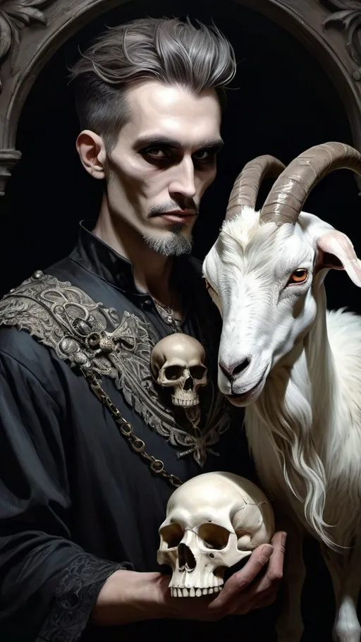 Prompt: (mysterious fantasy character portrait), a man with a skull and goat head, holding a skull in one hand, a bird perched on his shoulder, (gothic art style), intricate details, dramatic shadows, muted colors, ethereal ambiance, fine art painting, captivating expression, elaborate textures, ultra-detailed, rich depth, hauntingly beautiful atmosphere.