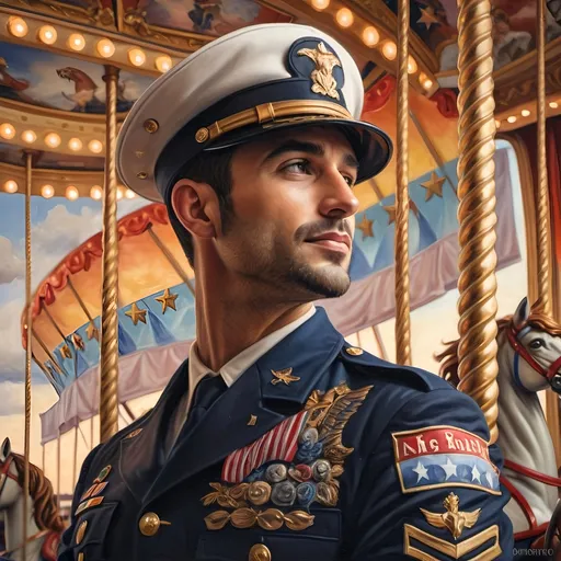 Prompt: (A masterpiece oil painting) of a man in (military uniform), riding the (Carousel of Heroes), vibrant colors highlighting the ornate design of the carousel. The scene is filled with a (nostalgic atmosphere), paying homage to (veterans and active military). Whispering elements of (honor) and (courage) are present, with artistic flourishes emphasizing the essence of (Nuit). The overall feel is (dramatic) and uplifting, portraying both valor and beauty in high definition.