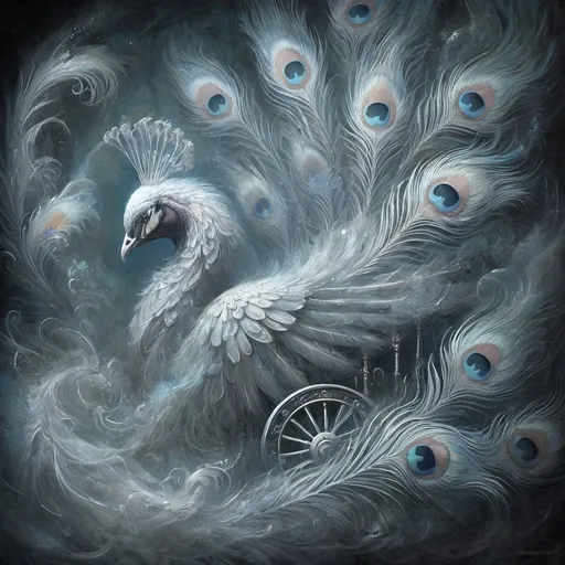 Prompt: a painting of a peacock with blue eyes and feathers on it's back, with a wheel in the foreground, Daniel Merriam, fantasy art, dark fantasy art, a detailed painting