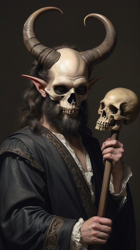 Prompt: (Renaissance still life) (man magician satyr), (horns), holding a cane with skull orc (crow perched on his shoulder), elegant pose, stylized cane topped with a (skull orb)