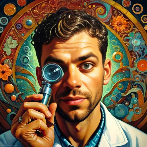 Prompt: (Art Nouveau Style Painting) a gay man in a lab coat, (holding a microscope) and a book, vibrant psychedelic colors, intricate floral patterns, dynamic curves, whimsical elements, colorful swirling designs, ambient lighting, (Aaron Jasinski inspired), poster composition, (highly detailed), captivating visual, artistic atmosphere, imaginative and unconventional, enhancements in depth and symmetry, a harmonious blend of science and art.