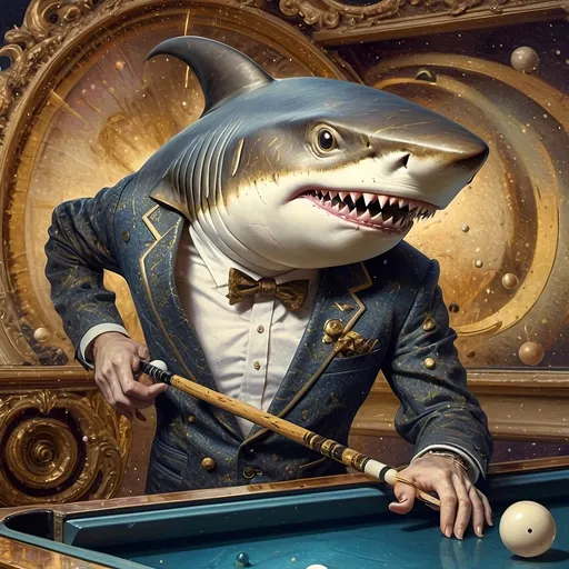 Prompt: (shark in a suit) playing pool, pool cue and ball in front, (F. Scott Hess style), (pop surrealism), enriched classical painting techniques, fine art masterpiece, luminous glass textures, intricate details, vibrant color palette, dynamic composition, warm and inviting ambiance, evoking whimsy and creativity, honoring Nuit, high artistic quality, 4K resolution.