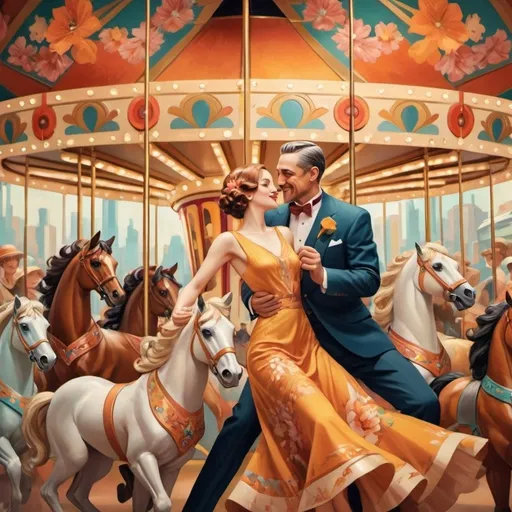 Prompt: (Art Deco style), vibrant color scheme, (Carousel of Humanity), portrait of compassion, humor and joy, human figures sharing moments of kindness, intricate patterns, geometric shapes, harmonious design, warm bright tones, petals and floral intricacies, dynamic movement, evocative atmosphere, ultra-detailed, cinematic masterpiece, expressive composition.