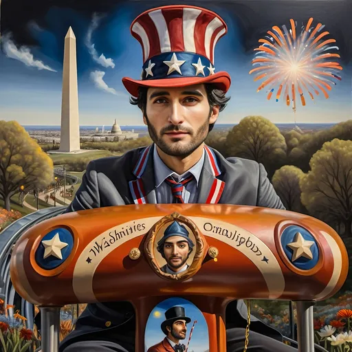 Prompt: (Acrylic painting of a magician man), wearing a (patriotic top hat), joyfully riding a (whimsical rollercoaster) in Liberty Park, with (HD details), vibrant colors, and enchanting motifs. The scene features the (Washington Monument) in the background, as well as the phrase (accurately spelled text "Yankee Doodle"). An aura of celebration and magic surrounds the image, honoring Nuit and the Aeon of Horus.