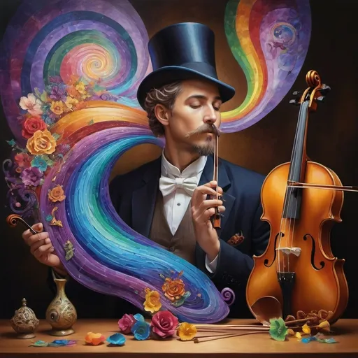 Prompt: art nouveau style, (vibrant colors), painting of a man playing violin, intricate items surrounding him, complex rainbow swirl background, (emotion of harmony and creativity), surreal depiction of sound waves as colors, rhythmic patterns, expressive facial features, ethereal ambiance, whimsical elements, (HD), highly detailed masterpiece.