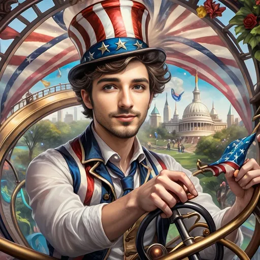 Prompt: (A Seven Wonders Art Glass Studio masterpiece) painting of a man wearing a patriotic hat, (thrilling pose) riding the Freedom rollercoaster, (vibrant colors), scenic background of Freedom Park in D.C., (dynamic movement), celebrating freedom, eternal spark of joy, whimsical ambiance, soft warm lighting, highly detailed, clarity, engaging and joyful atmosphere, surrounded by delighted visitors, landmarks in the distance.