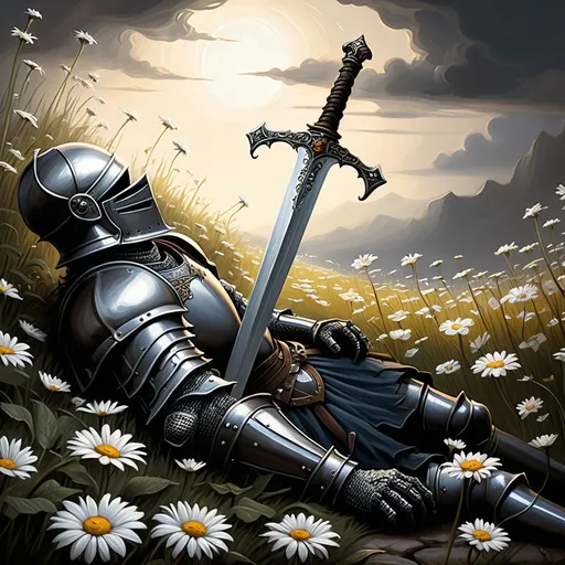 Prompt: Renaissance painting of a (knight laying on the ground), gripping a (sword in hand), surrounded by (daisies in the foreground), characterized by (misc-macabre style), (dark color scheme), inspired by (Anne Stokes), (fantasy art), (storybook illustration), moody ambiance, vibrant detailed textures, (ultra-detailed), dramatic shadows, rich depth, a hauntingly beautiful scene.