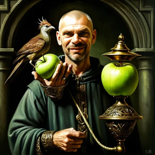 Prompt: (renaissance style), dark color scheme, a man with a horned head, a bird perched on his shoulder, holding a lamp in one hand, a green apple in the other, inspired by Esao Andrews, (highly detailed), fantasy art, character portrait, intricate details, rich textures, dramatic lighting, moody ambiance, ultra-detailed digital painting.