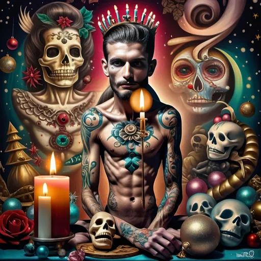 Prompt: (nutcracker), (candle and candle holder), surrounded by (Christmas decorations), (psychedelic art style), (vibrant color scheme), (extremely detailed), (oil painting), (airbrush painting), inspired by (Anne Stokes), (pop surrealism), dynamic patterns and textures, warm and festive ambiance, high-quality artistry, rich hues melding into each other, whimsical elements drawing viewers in, enchanting holiday spirit, magical atmosphere.