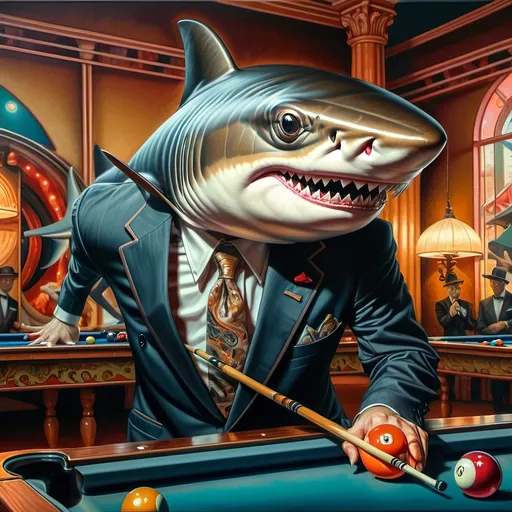 Prompt: a shark in a suit playing pool with a pool cueil and a pool ball in front of him, F. Scott Hess, pop surrealism, classical painting, a fine art painting y 7 Wonders Art Glass Studio honoring Nuit