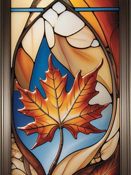 Prompt: (Art) A Seven Wonders Art Glass Studio painting, (detailed RENAISSANCE) scene featuring an Autumn maple leaf, nestled in front of the studio's porch, vibrant gay flag in the background, (bright and magical qualities) of glass and porcelain, imbued with enchanting hues, (honoring Nuit and Horus) atmosphere evoking mystery and reverence, (ultra-detailed) textures that capture the light beautifully, (warm, inviting) ambiance of creativity and celebration.