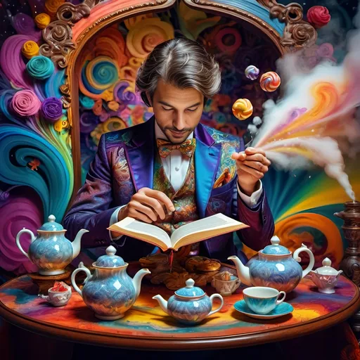 Prompt: (psychedelic still life portrait), vibrant colors, (magician jack-in-the-box man), whimsical tea party ambience, enchanting teapots, magical items animated around him, open book in front, dreamy and surreal atmosphere, intricate details, flowing patterns, mesmerizing depth, an explosion of colors, high-definition masterpiece, captivating and playful vibe.