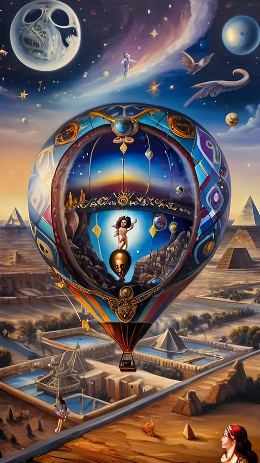 Prompt: masterpiece (oil painting), stunning hot air balloon labeled "7 Wonders Art Glass Studio", adorned with an intricate depiction of a snake, ethereal sky background filled with shimmering stars and planets, illuminating deities Nuit and Horus, soaring above the ancient Great Pyramids, symbolizing the wisdom of Thoth, vibrant colors, enchanting atmosphere, ultra-detailed, high quality.