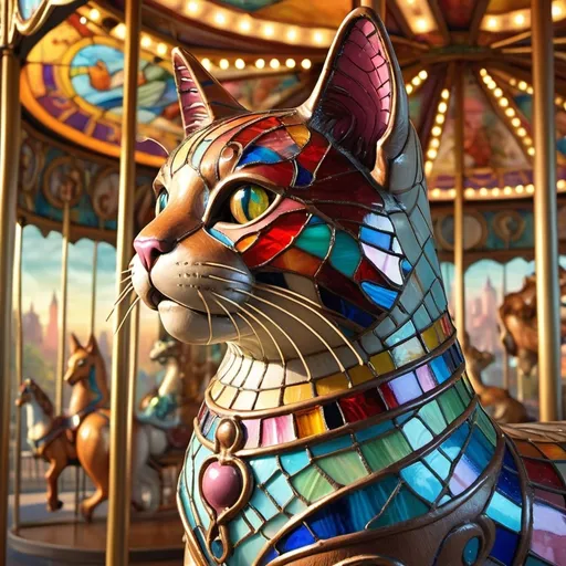 Prompt: (misc-stained glass style), vibrant color scheme, cat statue on a merry-go-round ride, enchanting lights in the background, intricate carousel visuals, (hyper-realistic) details, (highly detailed digital art), inspired by Chris LaBrooy, pop surrealism, (photorealistic) rendering, dynamic ambiance, colorful reflections and hues, whimsical atmosphere, ultra-detailed, inviting storytelling, captivating scene.