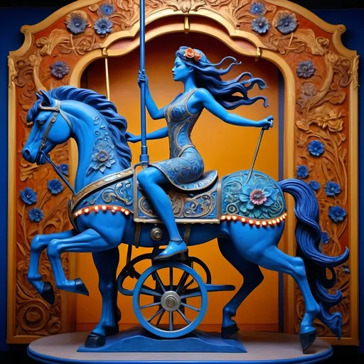 Prompt: (Carousel of Diversity), (Nuit Inspired), a woman in a wheelchair riding a vibrant carousel with intricately carved horses, (blue flower in her hair), ornate patterns and details exuding art nouveau style, (figurative art), (dystopian art) elements intertwined, rich vibrant colors blending harmoniously, highlighting emotion and strength, (ultra-detailed), (art deco sculpture references), whimsical yet somber atmosphere, magnificent dreamlike background with a pulsating creative energy...