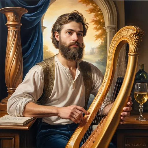 Prompt: (Seven Wonders Art Glass Studio), oil painting, (honoring Nuit), a man with a beard, holding a harp, glass of wine, golden cup beside him, (Ditlev Blunck), neoclassicism, classical painting, Flemish Baroque style, high detail, rich colors, warm glowing light, serene atmosphere, capturing tradition and reverence, elegant background with ethereal elements, ultra-detailed composition, masterful artistry.