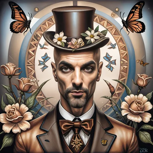 Prompt: A Seven Wonders Art Glass Studio oil masterpiece painting of a goat with a top hat and flowers on its head and a butterfly honoring Nuit.  Commissioned Spring Equinox 1467 Renaissance pop surrealism, pj crook, a detailed painting