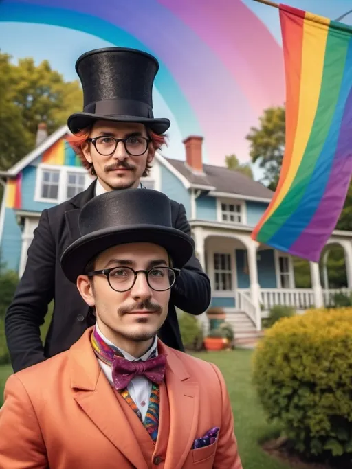 Prompt: a magician wearing a top hat and glasses in front of a house with a rainbow flag character self portrait for web site