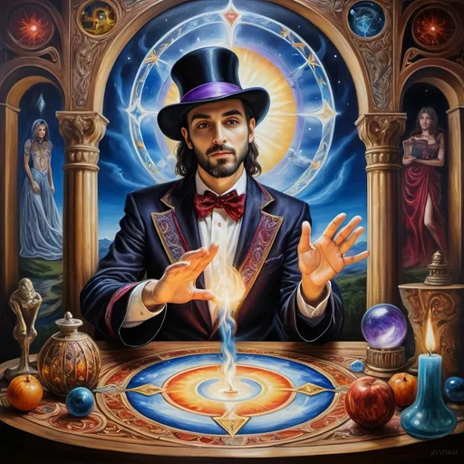 Prompt: Renaissance oil masterpiece, (inspired by the Seven Wonders Art Glass Studio), depicting a magician summoning wisdom from the High Priestess tarot card, enchanting ambiance, intricate details, rich and vibrant colors, mystical lighting, ornate backdrop, complex textures, (tarot-themed art), a celebration of intuition, balancing darkness and light, ultra-detailed HD painting, honoring Nuit in the serene atmosphere of divination.