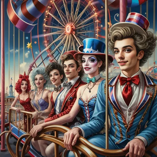 Prompt: (A magnificent oil masterpiece detailing) a group of vibrant drag queens, (spectacularly dressed) in fabulous clothing, joyfully riding the Nation’s New drag queen roller coaster in Liberty Park. In the background, (radiant) Ferris Wheel of Drag Queens looms, overlooking colorful local attractions under a (whimsical) nighttime sky, honoring the spirit of Nuit. (Ultra-detailed, vivid colors) bring this dynamic scene to life, celebrating pride and creativity.