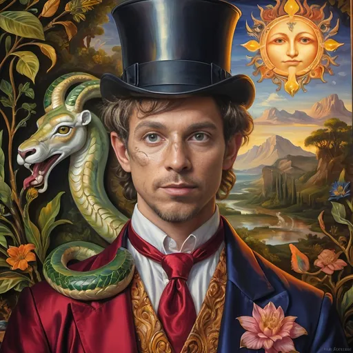 Prompt: (Renaissance portrait masterpiece), a whimsical (@magician) satyr, surrounded by mystique serpent transformation elements, honoring (@Horus) and (@Nuit). Vivid glass art techniques, intricate details, baroque elements, serene Arcadian landscape in the background, rich vibrant colors, warm golden tones, dramatic lighting, ethereal atmosphere that reflects a fusion of mythology and artistry, ultra-detailed HD quality.