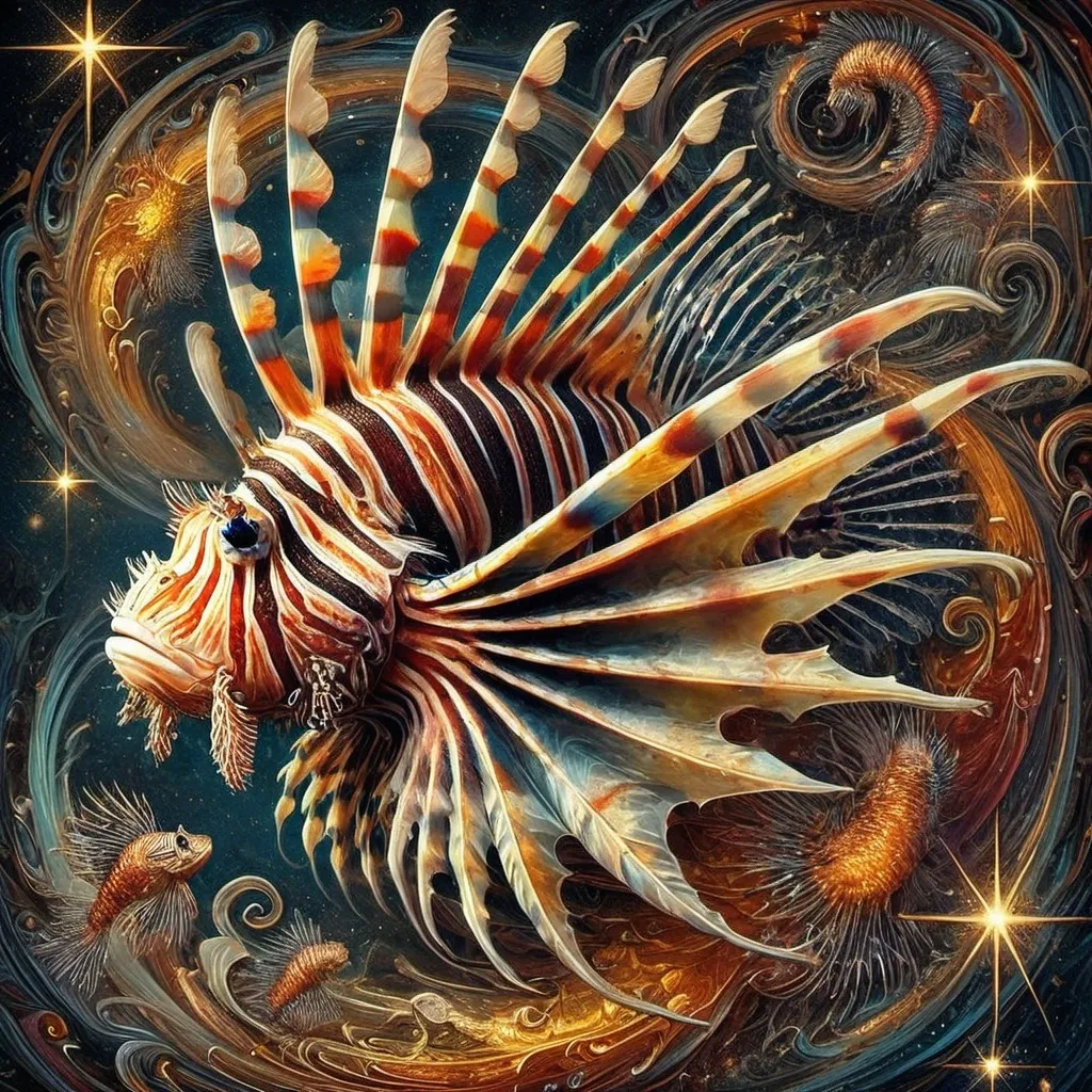 Prompt: a lionfish with a lot of fish around it's neck and head, surrounded by stars and swirls, Android Jones, psychedelic art, highly detailed digital painting, an airbrush painting