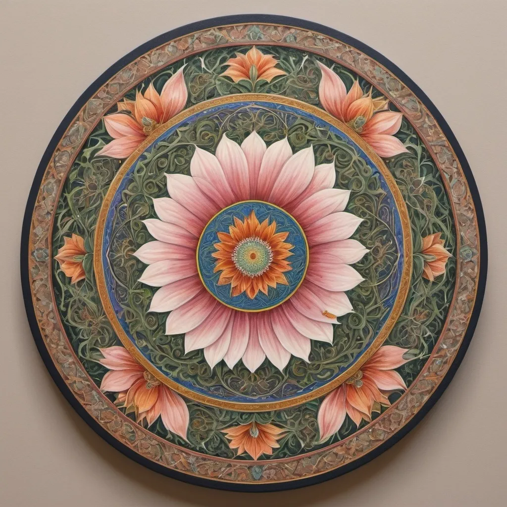 Prompt: a circular painting with a flower design on it's surface, with a circular design on the center, Amanda Sage, qajar art, in gouache detailed paintings, a detailed painting