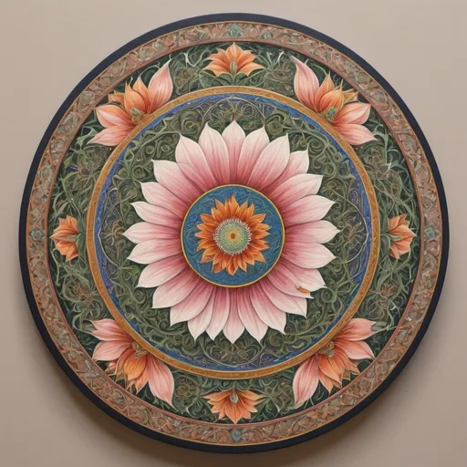 Prompt: a circular painting with a flower design on it's surface, with a circular design on the center, Amanda Sage, qajar art, in gouache detailed paintings, a detailed painting