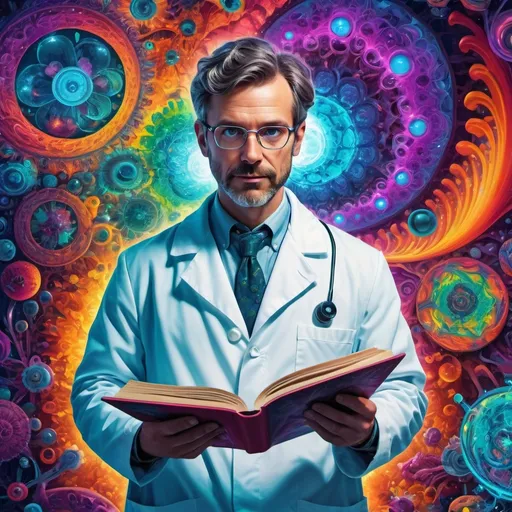 Prompt: (poster), (psychedelic art), gay scientist man, wearing a lab coat, holding a microscope and a book, vibrant colors, swirling patterns, abstract forms surrounding him, intricate details, mesmerizing visuals, science and knowledge theme, illuminated background, enchanting atmosphere, bold and dynamic composition, visually captivating, high-quality 4K, artistic masterpiece.