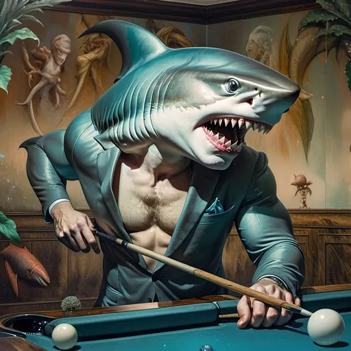 Prompt: (shark in a suit playing pool), (pool cue and ball in front), F. Scott Hess style, pop surrealism, classical painting, (younger and bolder color tones), (highly detailed), dreamy ambiance, intricate textures and reflections, juxtaposition of elegance and playfulness, fine art masterpiece, inspired by 7 Wonders Art Glass Studio, honoring Nuit, ultra-detailed, 4K.