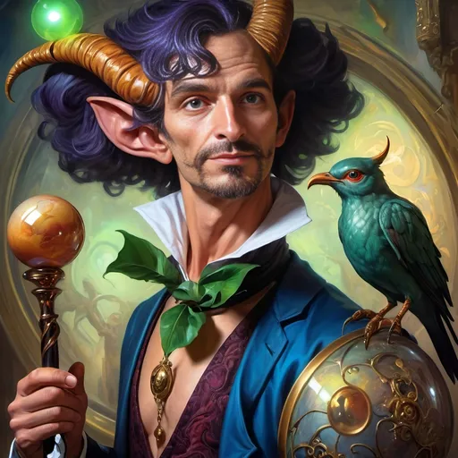 Prompt: (A fine art oil painting) by Seven Wonders Art Glass Studio, (magician man) with a (horned head), (bird on his shoulder), holding a cane and a glowing ball, inspired by Clint Cearley, (fantasy art), rich colors, intricate details, dramatic lighting, mystical atmosphere, character portrait emphasizing the essence of Pan and Nuit, ultra-detailed, vibrant background reflecting magical elements, imaginative and enchanting setting.