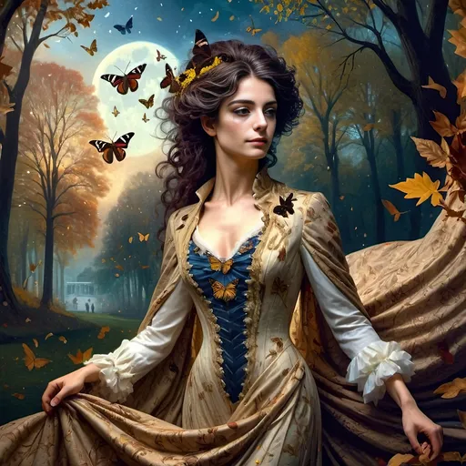 Prompt: (Honoring Nuit, Autumn Equinox), (Renaissance style), woman depicted as nature, flowing dress, butterfly in hair, rich and dark color palette, lush foliage backdrop, mood of serenity and mystery, intricate details in hair and dress, soft chiaroscuro lighting, evocative atmosphere, ultra-detailed, masterful composition, capturing the essence of autumn transition.