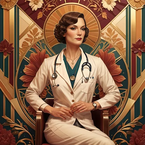 Prompt: Art Deco-style portrait, (transgender doctor), warm color scheme, richly detailed, elegant lines and geometric shapes, vintage aesthetic, symbolic motifs, showcasing the contributions to society, vibrant golds and deep reds, intricate background with floral elements, (highly stylized), soft lighting for a nostalgic atmosphere, celebrating identity and achievements, 4K, ultra-detailed.