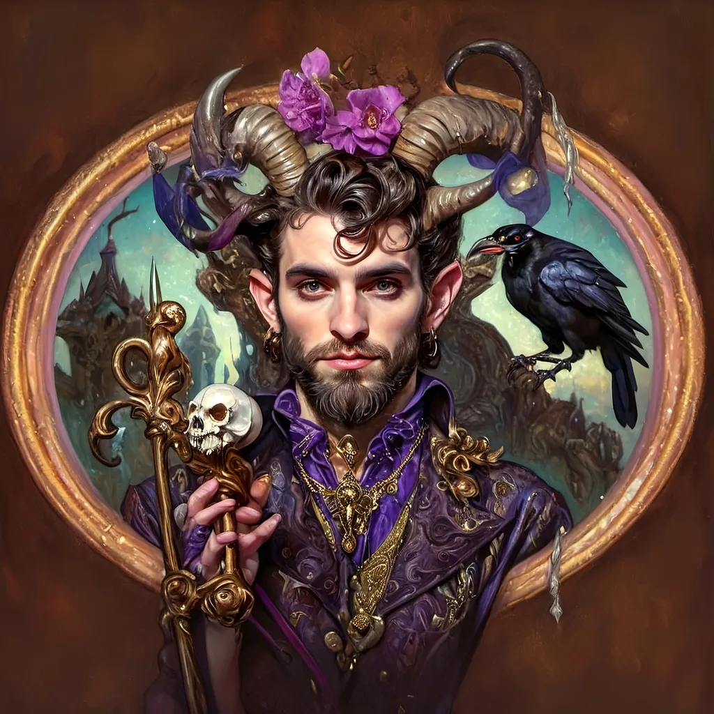 Prompt: a painting of a man magician satyr with horns and a skull in his hand and a crow on his shoulder, with a cane with a scull as orb