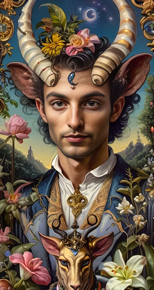 Prompt: Renaissance oil painting, (ultra-detailed), (character portrait) of a Magician transforming into a Satyr in lush Arcadia, surrounded by lush greenery, delicate flowers, gentle sunlight filtering through trees. The man with impressive horns and an ornate orb on his wand, a majestic bird perched on his shoulder, evoking magic and honor. Capturing the essence of Pan and Nuit in a vivid, enchanting atmosphere. High-quality craftsmanship from Seven Wonders Art Glass Studio.