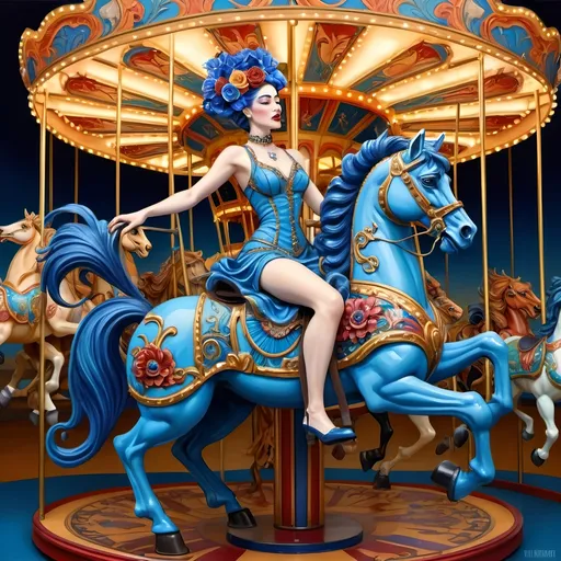 Prompt: (Nuit Inspired) (Carousel of Diversity), a captivating woman in a wheelchair joyfully riding a vibrant carousel decorated with elaborate ornate horse sculptures, featuring rich and saturated colors. A striking blue flower adorns her hair, reflecting the art nouveau style. The scene merges figurative and dystopian art, infusing a delightful contrast in an art deco atmosphere. (ultra-detailed) (vibrant color scheme) (high quality).