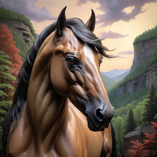 Prompt: (Honoring Nuit), (detailed oil painting), majestic stallion horse, awe-inspiring landscape of Eastern Kentucky, lush forest covered mountains, iconic Natural Bridge, vibrant greens of heavy trees and dense vegetation, ethereal twilight sky, serene atmosphere, high depth cinematic beauty, ultra-detailed, rich color tones, captures the essence of nature and glory of the stallion.