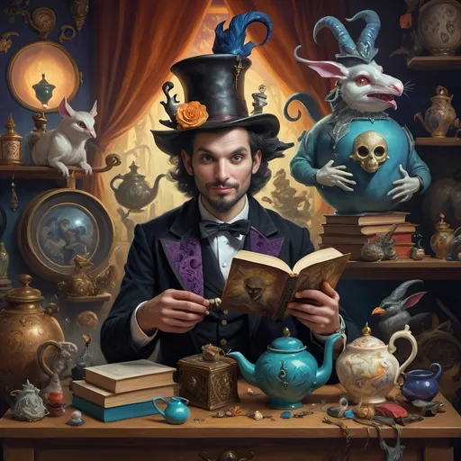 Prompt: (vibrant psychedelic still life), portrait of a magician jack-in-the-box man, surrounded by whimsical teapots and enchanting magical items, coming to life, playful ambiance, lively colors, an open book in front of him, surrealistic elements, dreamlike atmosphere, richly detailed background, (spectacular color gradients), ultra-detailed, eye-catching composition, high-quality artwork.