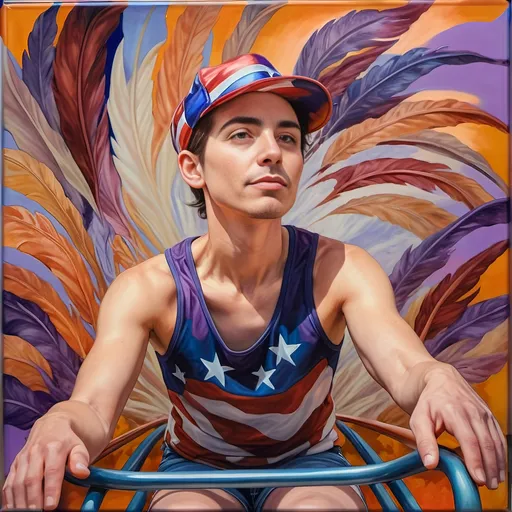 Prompt: A Seven Wonders Art Glass Studio masterpiece painting of a man in a patriotic hat riding Freedom rollercoaster in D. C.’s new amusement park named Freedom Park.  Honoring Nuit.