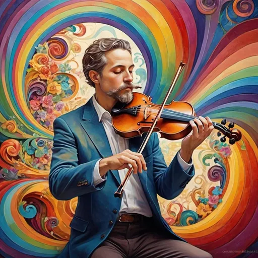 Prompt: art nouveau style, (vibrant colors), painting of a man playing violin, intricate items surrounding him, complex rainbow swirl background, (emotion of harmony and creativity), surreal depiction of sound waves as colors, rhythmic patterns, expressive facial features, ethereal ambiance, whimsical elements, (HD), highly detailed masterpiece.