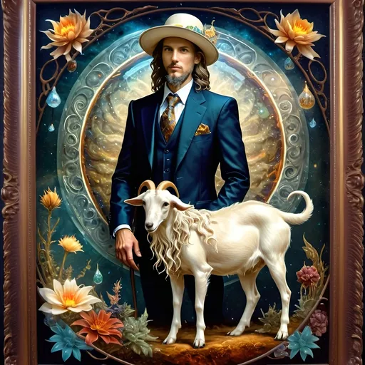 Prompt: a 7 Wonders Art Glass Studio Renaissance portrait painting of a half man, half goat, in a suit and tie with a dog in a frame with flowers and forest.  Esoteric Pan’s Arcadia setting honoring Nuit.