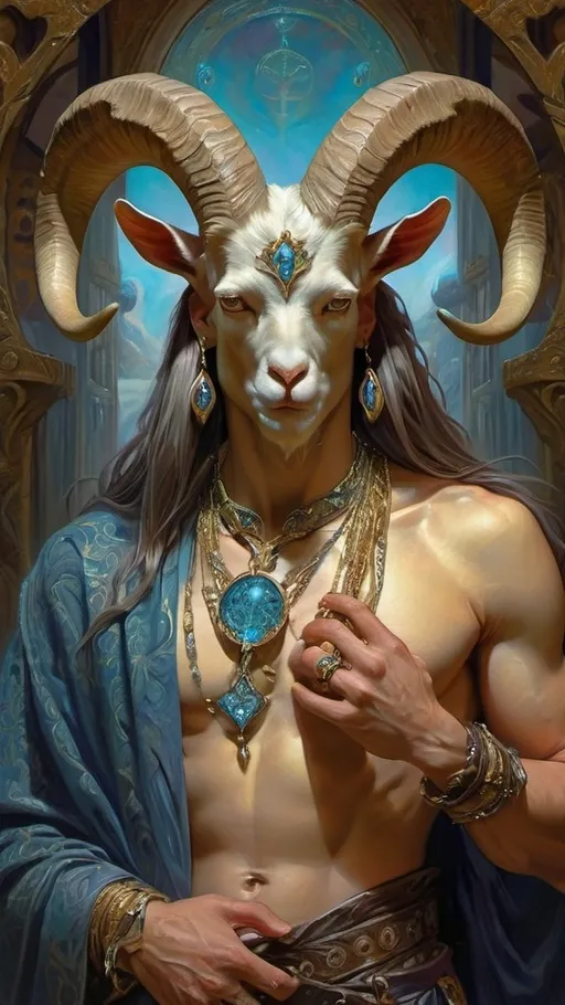 Prompt: (male figure with a goat's head), adorned with (intricate necklace), featuring a (ring around the neck), inspired by Donato Giancola, (fantasy art), (highly detailed digital painting), vibrant color palette, dramatic lighting, (elaborate textures and features), compelling atmosphere, intense expression, rich background with mystical elements, (ultra-detailed), captivating fantasy landscape.