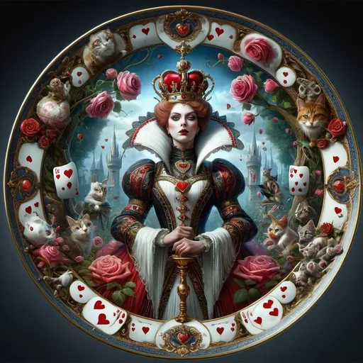 Prompt: (queen of hearts), surrounded by whimsical cats, roses elegantly arranged on a plate, cat perched curiously on the plate, (gothic art style), intense color contrasts, rich deep red and royal black hues, highly detailed digital painting, dreamy and whimsical ambiance, ultra-fine details capturing every nuance, (Craola-inspired), enchanting yet eerie atmosphere, 4K resolution, visually intricate masterpiece.