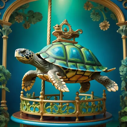 Prompt: (turtle on a carousel), (surrealist sculpture), vibrant blue and lush green backgrounds, (gold frame), whimsical atmosphere, high detail, pop surrealism, inspired by Chris LaBrooy, imaginative composition, extraordinary depth, astonishing textures, dreamy lighting effects, unique surreal photography style, splendid craftsmanship, captivating expression, ultra-detailed, 4K resolution.