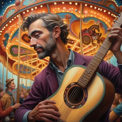 Prompt: a painting of a man holding a guitar while riding carousel Carousel of Dreams) in honor of Nuit,  in front of a carousel ride with a carousel in the background, Aaron Jasinski, fantastic realism, pj crook, a detailed painting