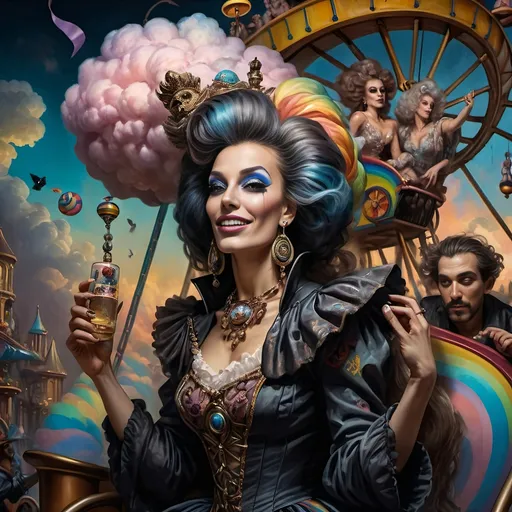 Prompt: (honoring nuit), a mesmerizing painting of colorful drag queens exuding joy and fabulousness while riding a roller coaster, vibrant (rainbow) painted on the side, a whimsical ferris wheel creating a festive atmosphere in the background, whimsical cotton candy clouds, (dynamic movement), warm pastel colors enhancing the lively scene, ultra-detailed, high-quality artwork capturing a celebratory ambiance.